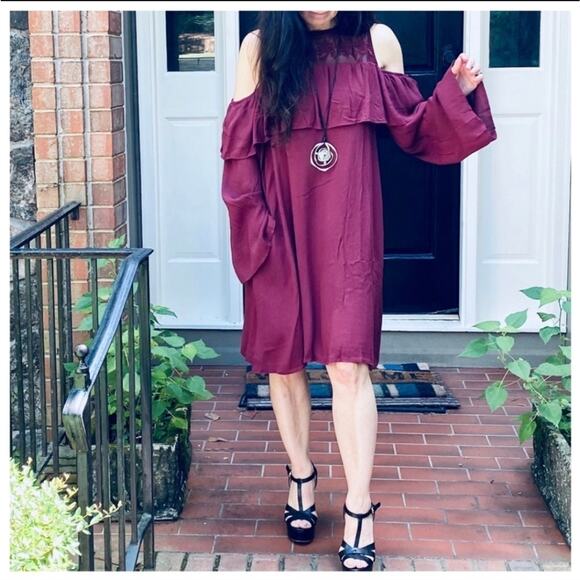 Cold Shoulder Burgundy Dress Long Sleeve Layered Ruffle Detail - Picture 9 of 9
